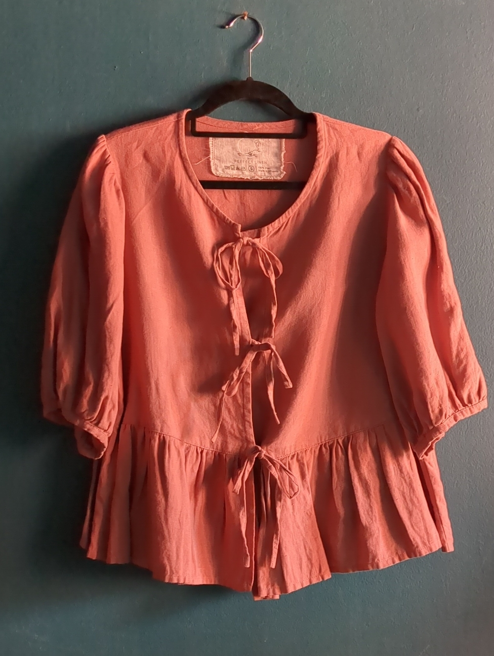 notPERFECTLINEN 100% Linen Tie Front Peplum Ruffle Melina Blouse Cinnamon Rose